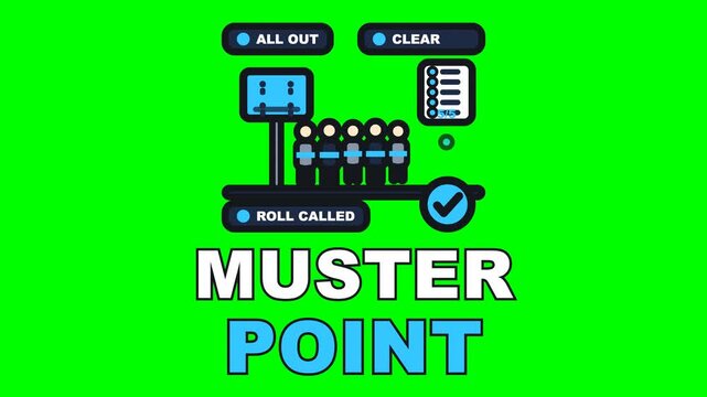 4K green screen MUSTER POINT animated text - everyone comes out to the sign, the roll is called and all are accounted for, kinetic typography fire safety overlay, chroma key