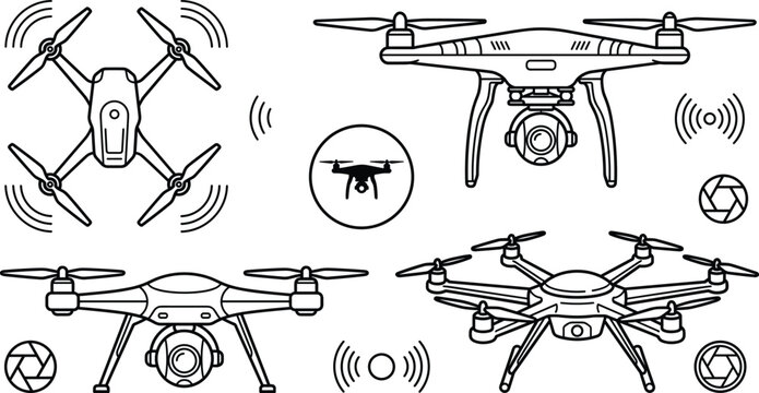 Drone quadcopter with camera for aerial photography and video line icon set