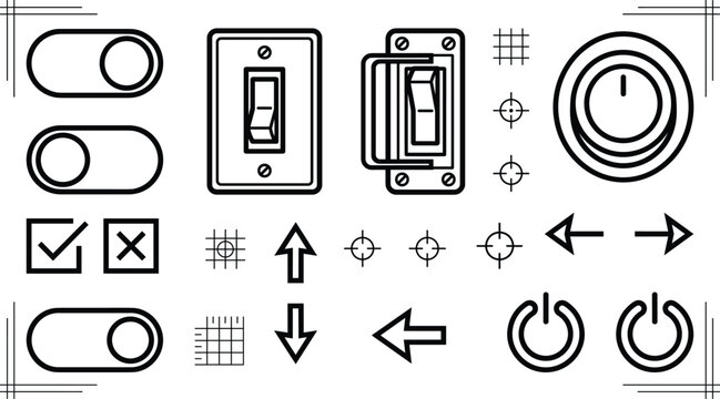 Electric switch and UI toggle line art vector icons set