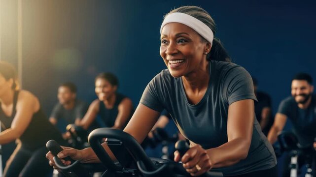 Fit and Fabulous: A vibrant group of diverse individuals, led by a radiant woman with a headband, enthusiastically engages in an indoor cycling class, embodying health and vitality.