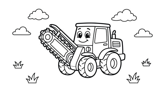 Cute cartoon wheel trencher tractor coloring page, smiling kawaii ditcher digging machine character outdoors with grass and clouds doodle, heavy utility construction vehicle line art for kids 