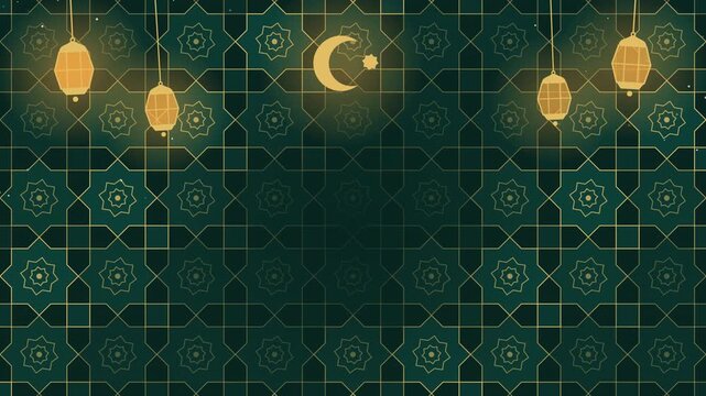Islamic geometric pattern with glowing lanterns and crescent moons
