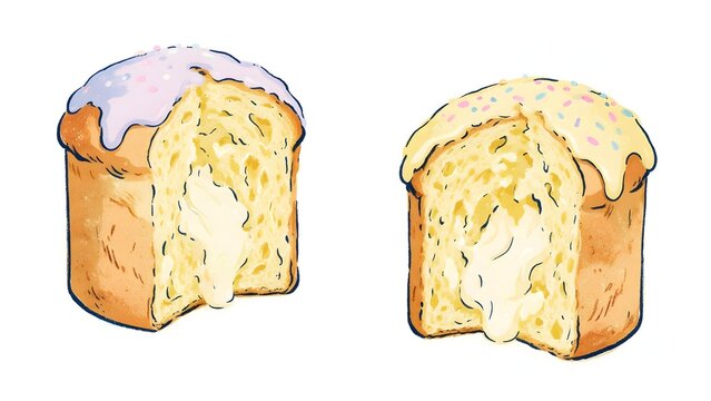 Two retro Easter sweet breads with creamy filling and pastel icing, ideal for bakery advertising, Easter campaigns, festive packaging and food editorials.