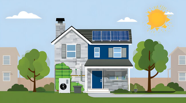 A house showcases energy-efficient upgrades including a heat pump, insulation, and solar panels during daylight hours in a residential neighborhood.