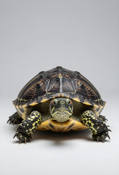 Longevity and patience concept red eared slider turtle looking at camera wildlife and nature photography reptile isolated on a neutral gray background