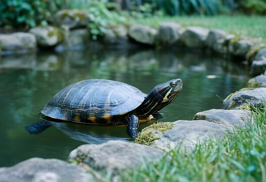 Longevity and patience concept, red-eared slider turtle swimming in a peaceful garden pond with natural stone border and lush green grass in summer