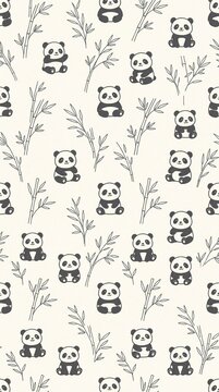 Cute Panda Pattern with Bamboo Leaves on Light Background