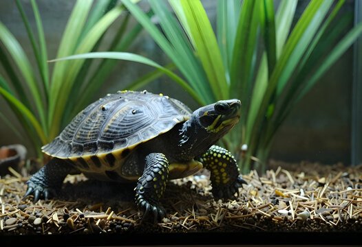 Biodiversity and wildlife conservation, spotted turtle in natural habitat with green plants and gravel substrate for environmental education and research