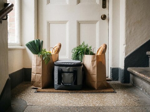 Grocery delivery bags and insulated cooler on doorstep
