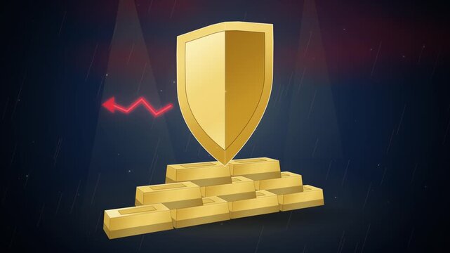 Golden shield protecting gold bars from storm arrows seamless loop