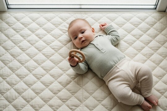 Baby in sage green top and beige pants lying on quilted mat