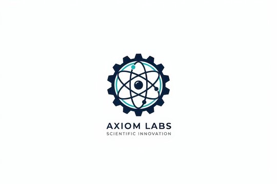 A modern logo features a gear encompassing an atom symbol with text, isolated on white background. Ideal for scientific innovation companies and research lab branding.