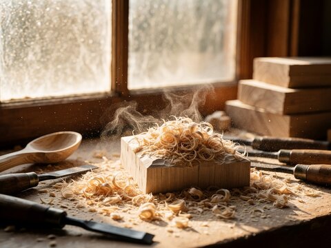 Wood carving workbench with shavings and chisels in sunlight