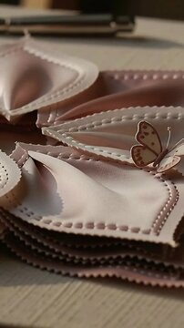 Vertical video: Moving camera revealing stacked scallop on board, showing stitch detail