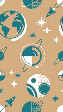 Cosmic Patterns with Earth, Planets, and Rockets Illustration
