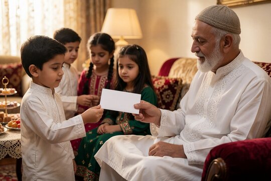 Grandfather Giving Eid Gift Envelope to Grandson at Home