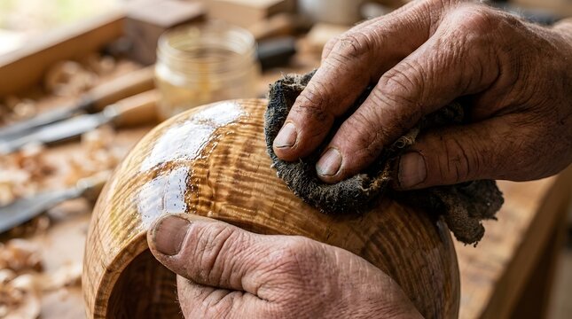Craftsman hands applying linseed oil to a curly maple wood bowl in a workshop with chisels and wood shavings..