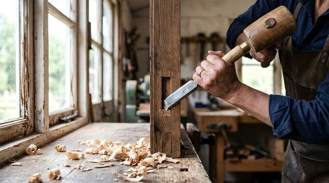 Carpenter using a chisel and wooden mallet to carve a mortise in a timber post inside a rustic sunlit workshop