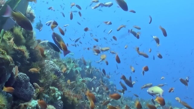 Large Reef Fish Swim around a Coral Reef. A well-lit underwater view with cool blue tones shows fish moving with visible reef structure, documenting marine habitat and biodiversity.