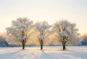 Naklejka premium Winter serenity and seasonal change, three snow covered trees in a frozen field at sunrise with golden light and peaceful nature landscape atmosphere