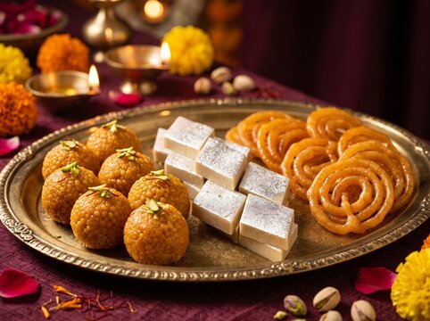 Diwali Sweets with Laddoo, Barfi and Jalebi on Brass Platter
