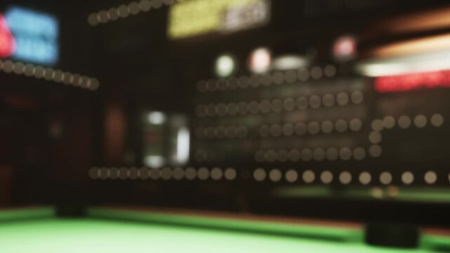 In a bustling pool hall, vibrant green tables await eager players under a canopy of glowing neon signs. The atmosphere buzzes with excitement and friendly competition.
