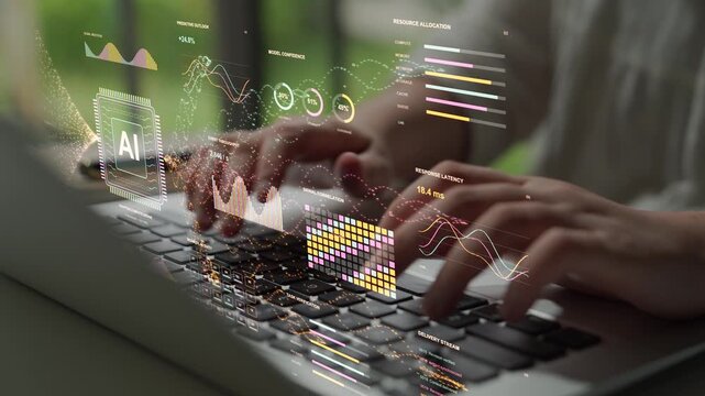 Hands type on a laptop. An AI analytics network links adaptive computing with forecasts and validation, bringing confidence estimates and system performance into the same workflow.