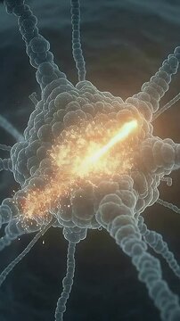 Vertical video: Pulsing nodular orb rising core and emitting sparks in micro space