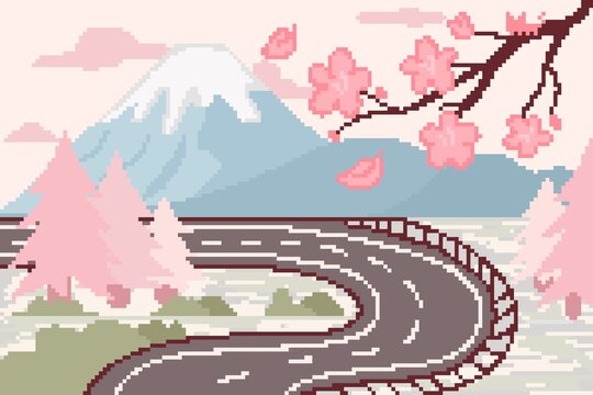pixel art mount fuji cherry blossom road japan landscape spring