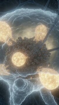 Vertical video: Lighting gold vesicles driving cluster releasing into membrane at synapse to signal