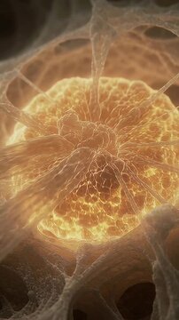 Vertical video: Approaching beige mass sending stalks to golden sphere in fibrous mesh forming core