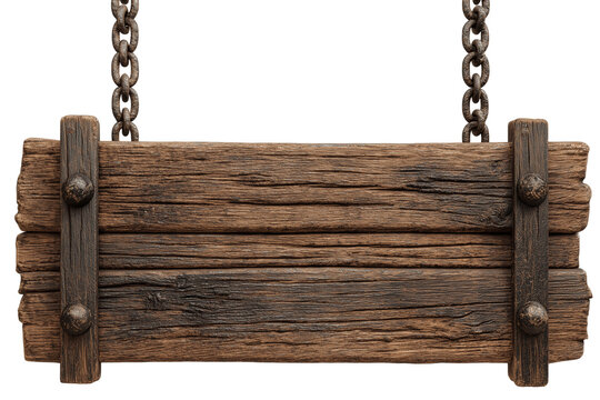 Rustic wooden sign hanging from metal chains isolated on a white background with rustic wood blank sign wooden plank textured wood vintage sign