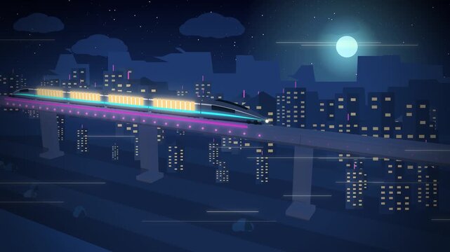 Maglev train gliding on neon guideway past night city lights