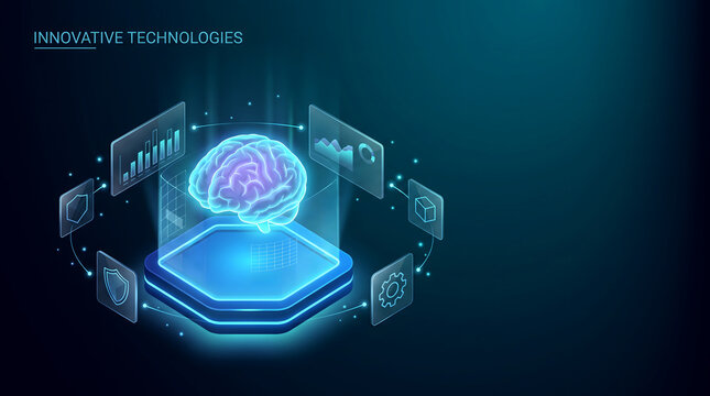 Abstract digital brain visualization surrounded by futuristic hexagonal interfaces displaying data and icons.