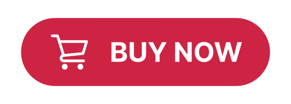 Buy now shopping symbol. Red rounded rectangular button with white shopping cart icon and bold buy now text, isolated on white background