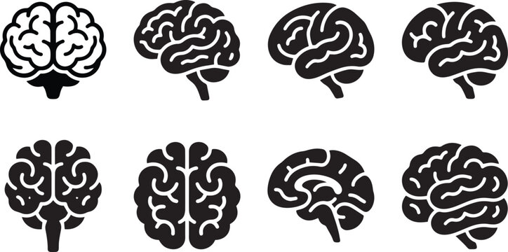 Human brain silhouette icon set in different views, front, top and side, black vector illustration for neurology, anatomy, medical and mental health