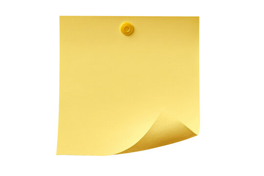 Yellow sticky note paper pinned with a pushpin and curled corner on a white background memo pad post it office supply paper sheet blank note