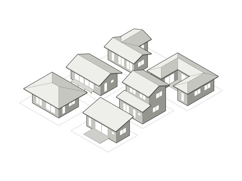 L字平屋とコの字中庭と縁側のある郊外型住宅6棟のアイソメトリック図