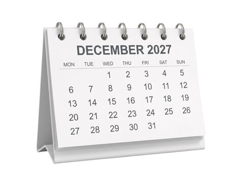 Desk calendar for december 2027 displaying all days and week for important date organization.