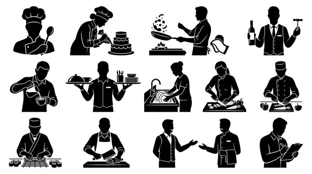Chefs and Culinary Staff Icons Set with Various Actions. Food Preparation, Serving, and Kitchen Tasks Illustrated.