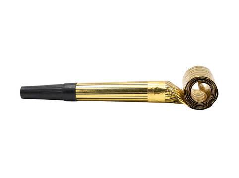 Gold party blower noisemaker isolated on transparent background for festive celebrations new years eve birthdays events party decoration props and fun activities.