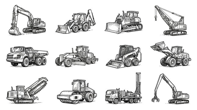 A diverse collection of heavy construction vehicles is depicted in an antique sketch style, highlighting various machinery used in large-scale building and earthmoving projects.