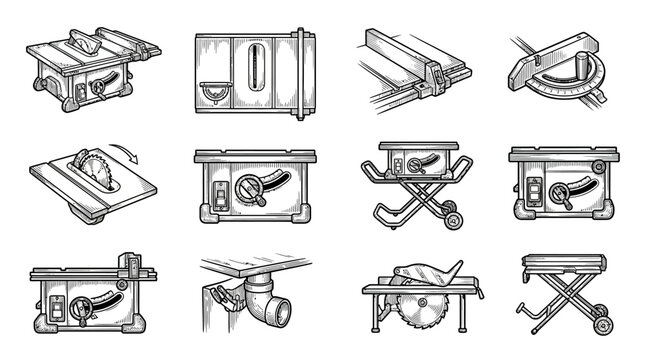 Various woodworking tools, including different models of table saws, miter saws, and other carpentry equipment, are depicted in a detailed illustration.