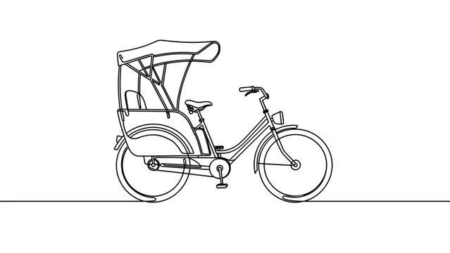 Black line art vector illustration of traditional cycle rickshaw vehicle