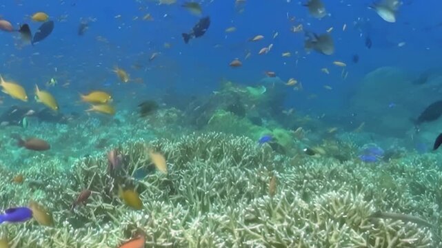 Reef Fish Move around Branching Coral. A well-lit underwater view emphasizes coral texture and mixed reef colors as fish move through the reef, documenting marine habitat and biodiversity.