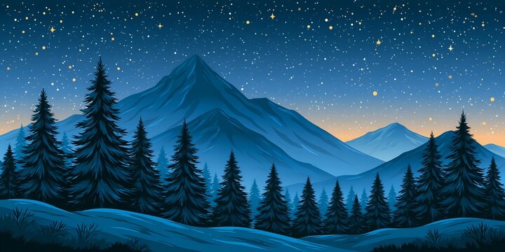 Winter night mountainscape with pine forest