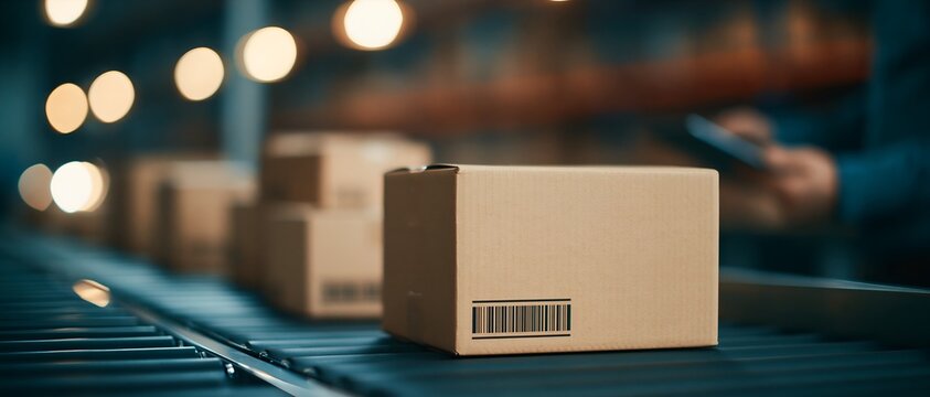 Box travels along conveyor belt in warehouse setting