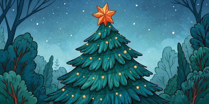 Peaceful winter night with a lit-up Christmas tree surrounded by dense forest un