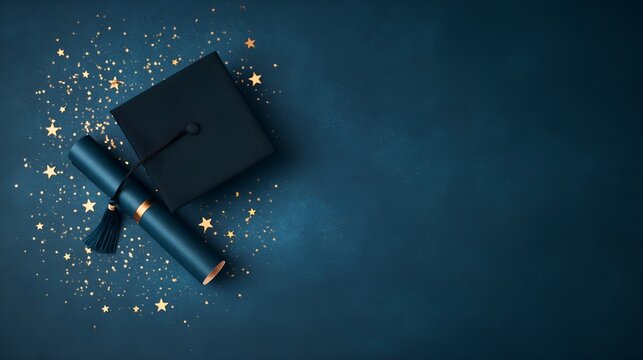 Black graduation cap with diploma scroll and glittering gold stars