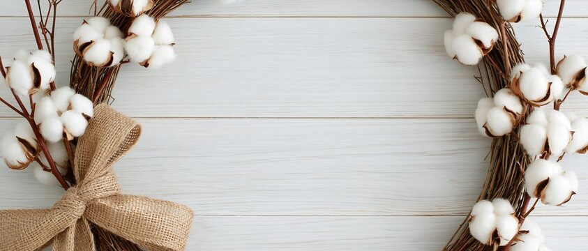 Cotton stems with fluffy blooms arranged on light wood